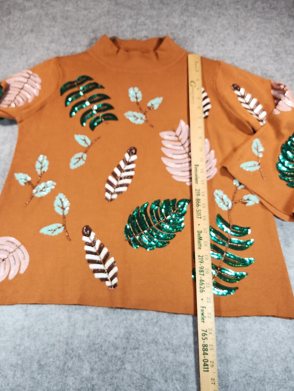 Fate Burnt Orange Sequin Leaf Mock Neck Sweater Small - Picture 3 of 12